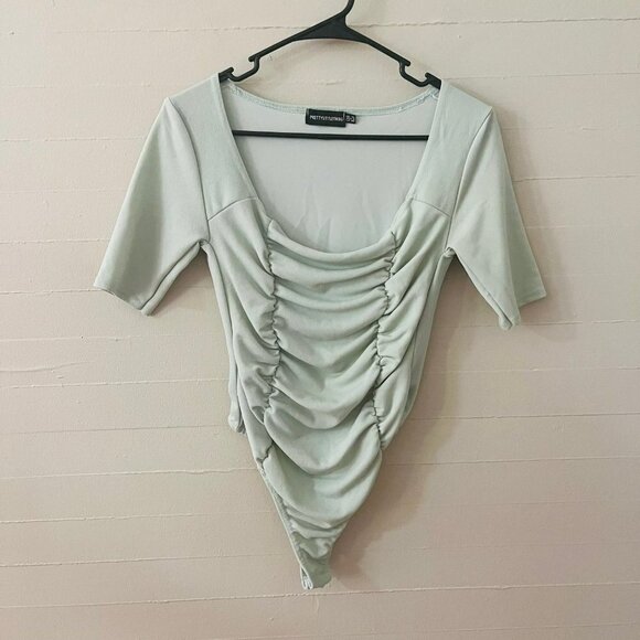 PrettyLittleThing Sage Green Ruched Bodysuit SZ 8 - Picture 2 of 11
